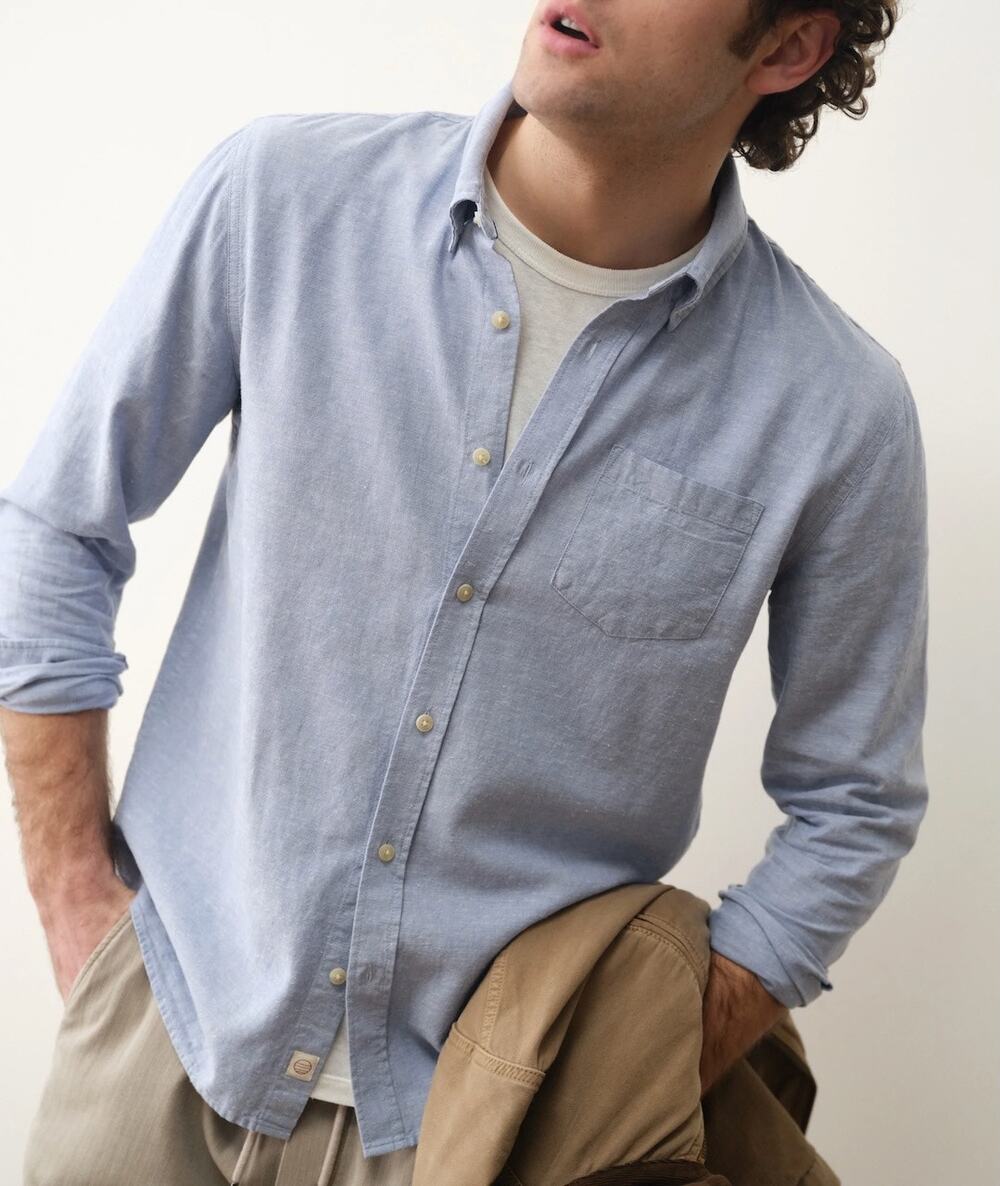 Marine Layer Better-Than-Linen Long Sleeve Shirt Medium Chambray Blue Button Up